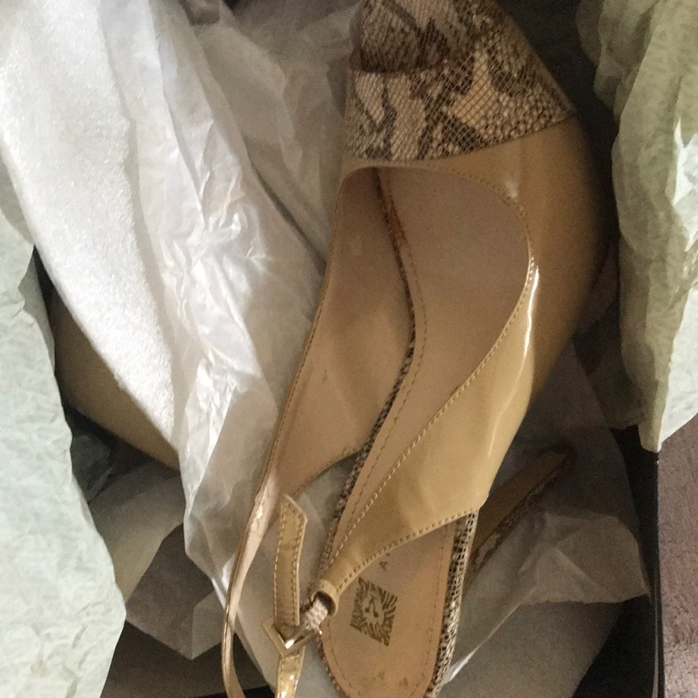 Anne Klein ,Gorgeous beige,patent peep toe shoes